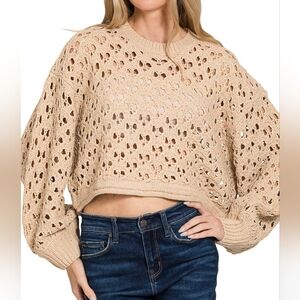Zenana Women's Casual Oversized Cropped Crochet Open Knit Sweater Beige Lt. Tan